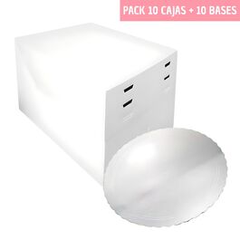 SET 10 HEIGHT ADJUSTABLE CAKE BOXES + ROUND BASES SILVER - 24 CM Ø