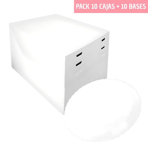 SET 10 HEIGHT ADJUSTABLE CAKE BOXES + ROUND BASES WHITE - 24 CM Ø