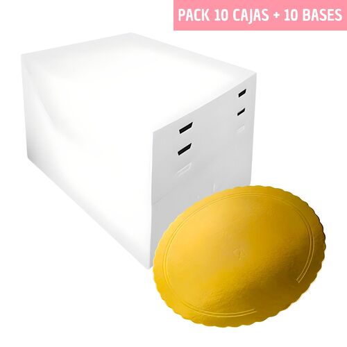 SET 10 HEIGHT ADJUSTABLE CAKE BOXES + ROUND BASES GOLD - 24 CM Ø